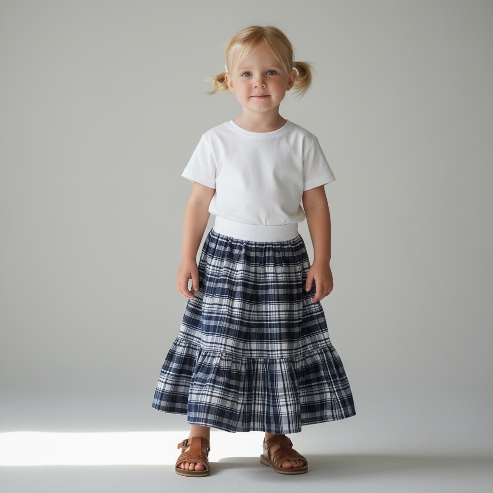 Skirt Girls 2/3 Maxi Blue Plaid Ruffle Tier 100% Cotton‎ Mom and Pop's Kids